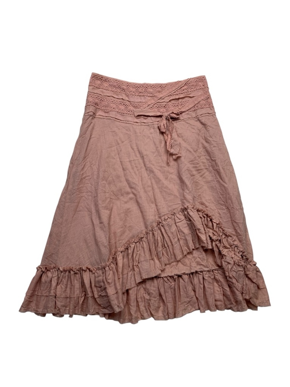 Bohemian size medium 28 Crochet Waist Ruffle Midi Skirt Dusty Rose fairy y2k 90